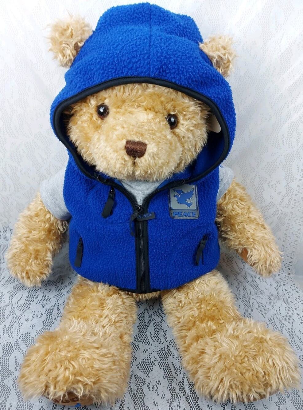 Gund Wish Bear Peace Teddy Large Blue Hooded Vest Big 26" Plush Stuffed 2000 Y2K